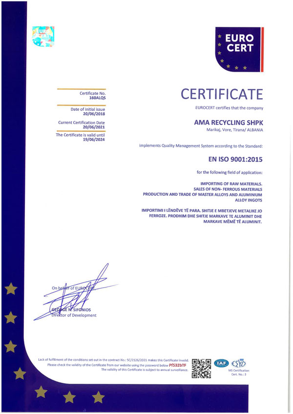 AMA Recycling — CERTIFICATION